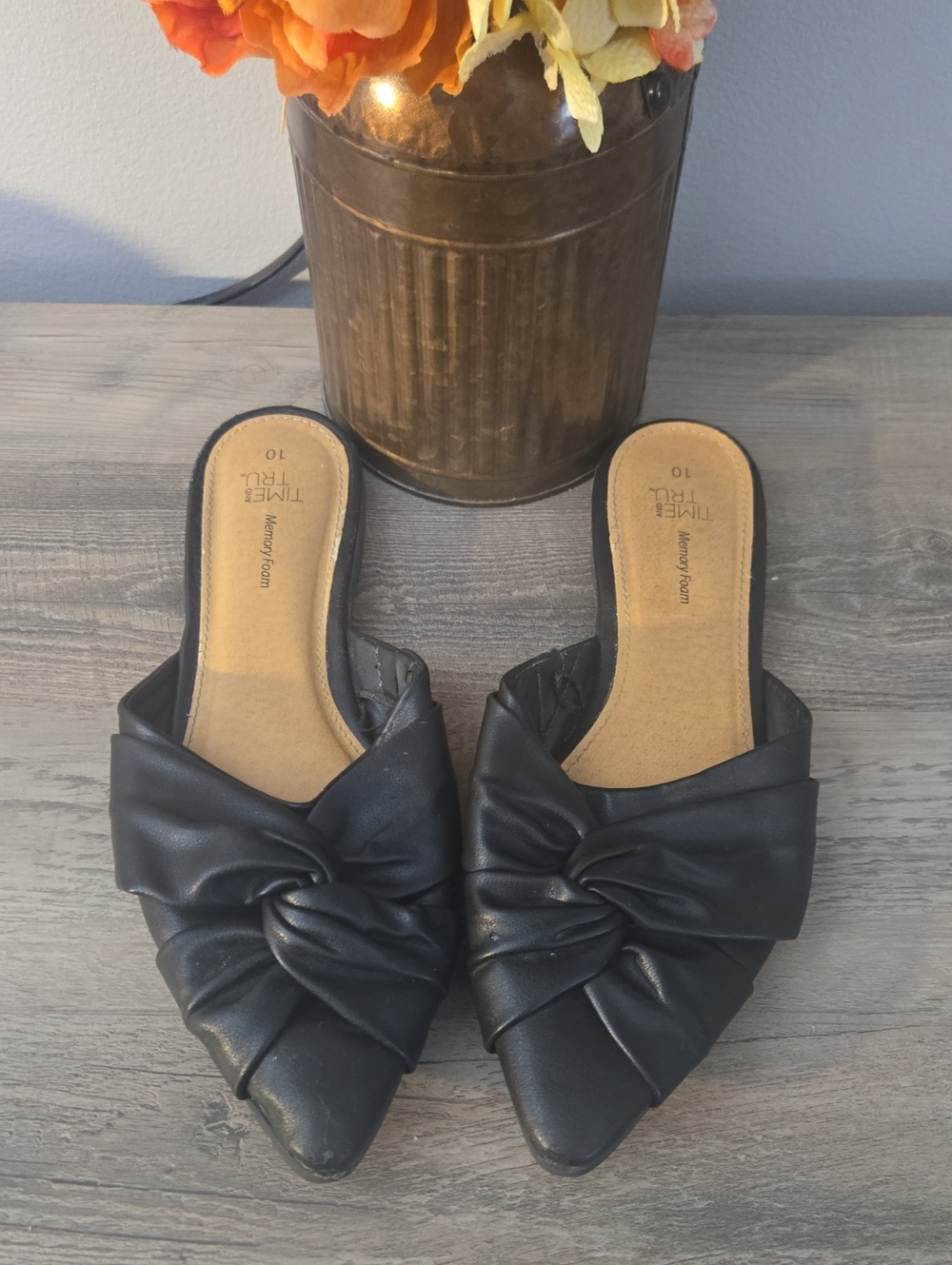 Time and Tru Black Knot-Front Slip On Mules
